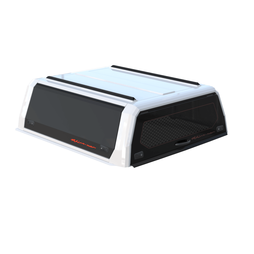 Xpedition canopy with a white frame and black doors, doors closed