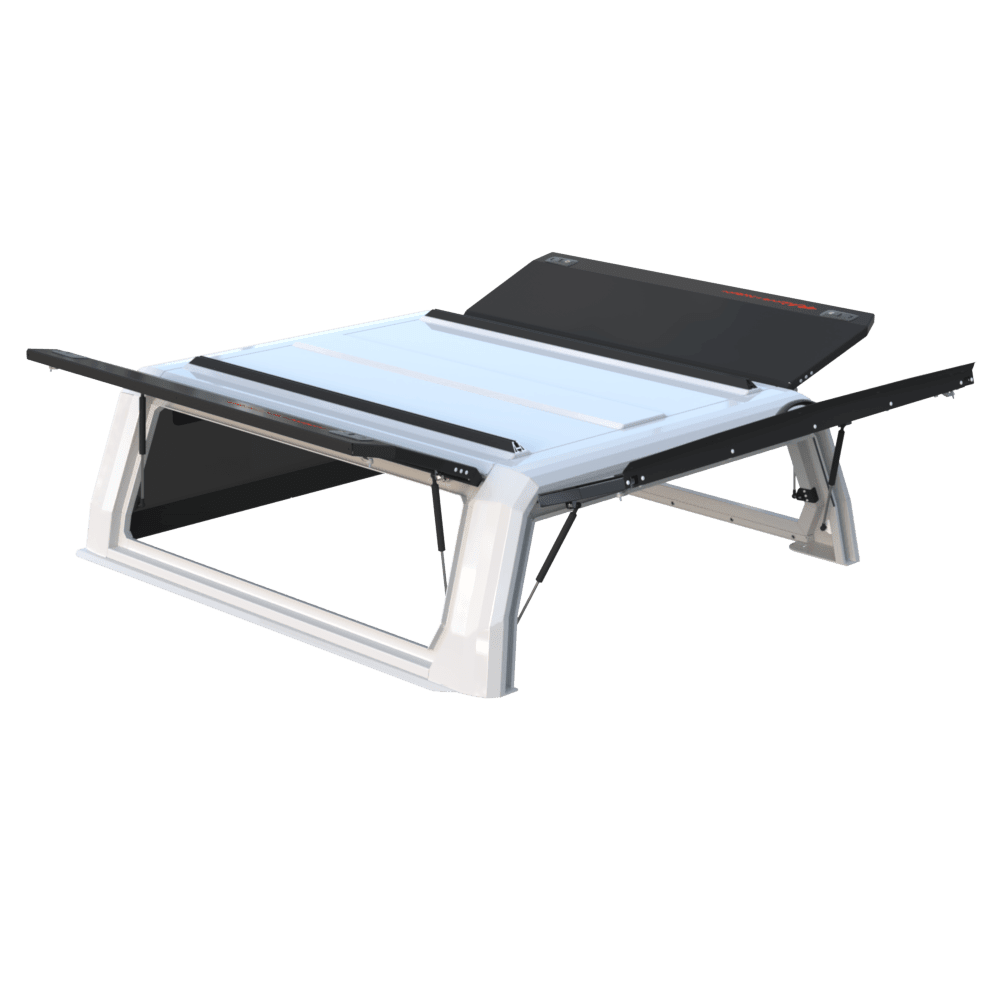 Xpedition canopy with a white frame and black doors, side doors open
