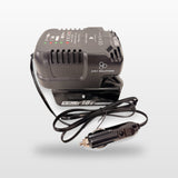 Makita-compatible Auto Charger: angled view of the charger with battery and 12V lead