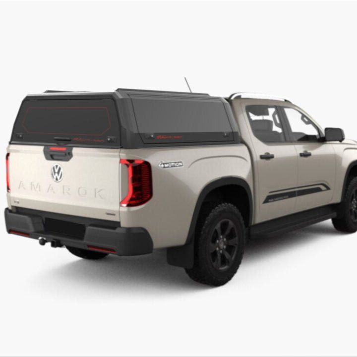 VW Amarok Double Cab 2023+ Xpedition CapRax Canopy – side view showing aluminium gullwing doors and roof rails