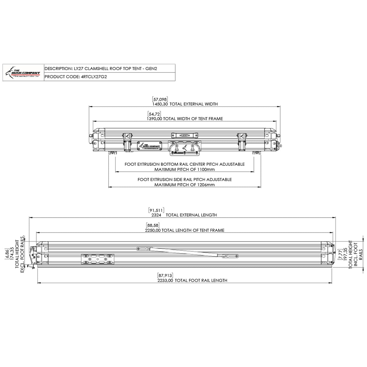 Side-profile line drawings of the LX27 Gen 2, with overall length, width and height