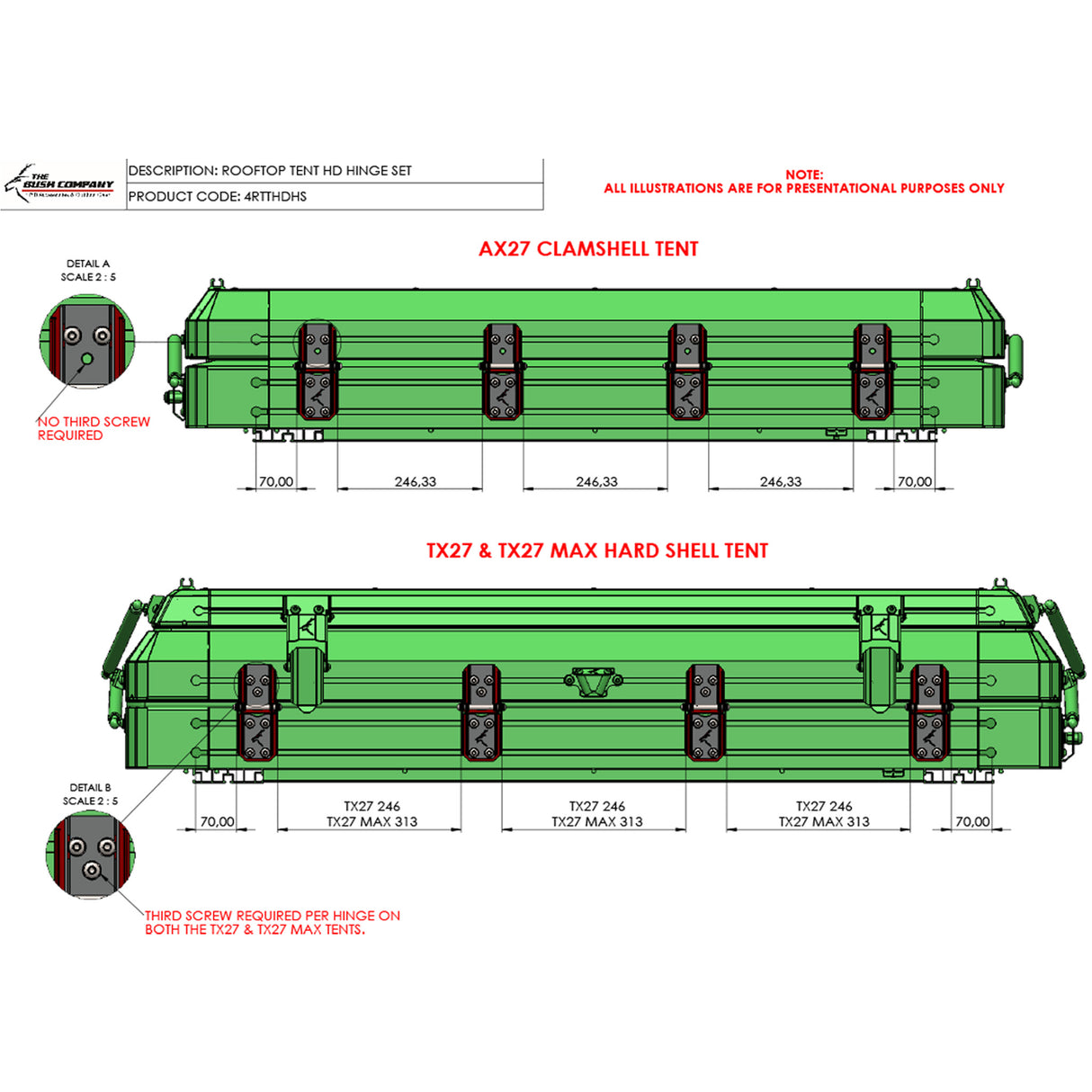 Rooftop Tent HD Hinge Set - Large - The Bush Company