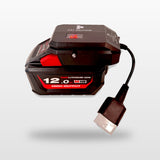 Milwaukee-compatible 18V to 12V Step Down Power Supply: side view on the battery with Anderson lead