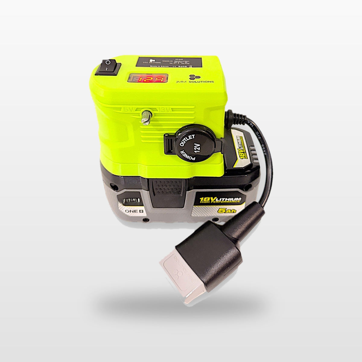 Ryobi ONE+ compatible 18V to 12V Step Down Power Supply: front view on the battery