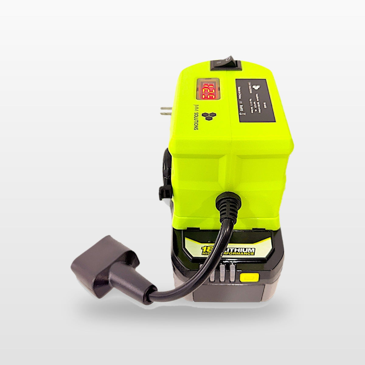 Ryobi ONE+ compatible 18V to 12V Step Down Power Supply: side view on the battery with Anderson lead