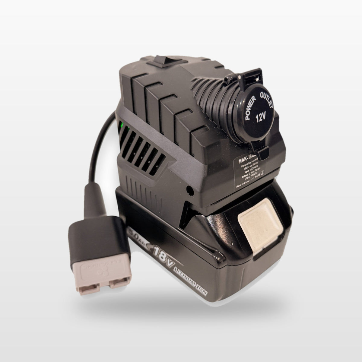 Makita-compatible Volt Step Down PRO: fitted to an 18V tool battery, with Anderson plug lead