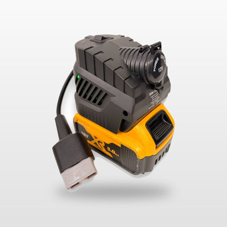 DeWalt-compatible Volt Step Down PRO: fitted to an 18V tool battery, with Anderson plug lead