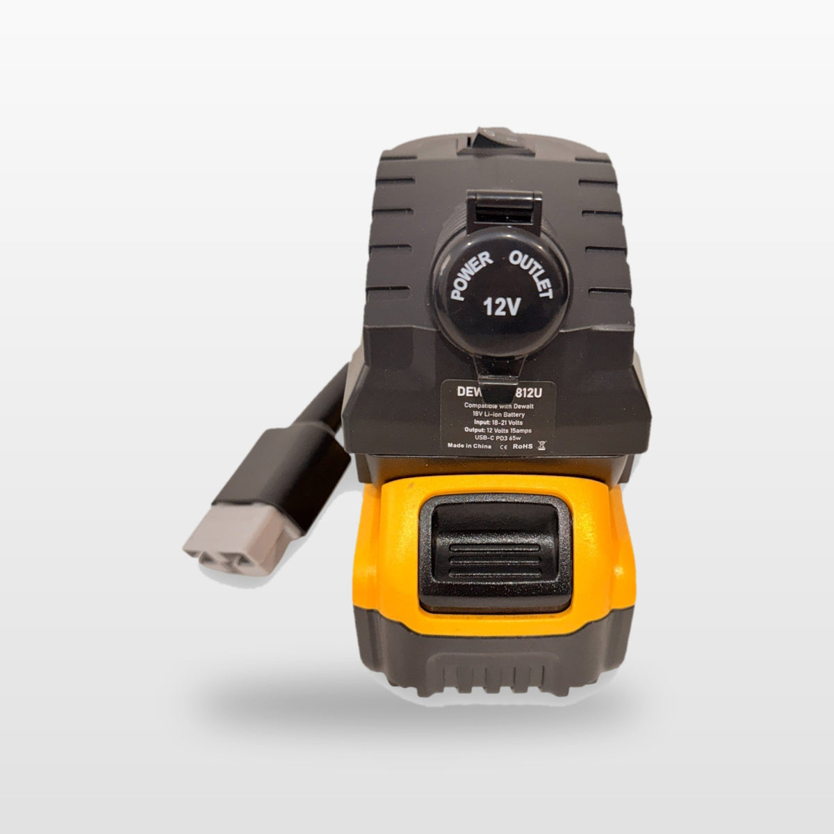DeWalt-compatible Volt Step Down PRO: front view showing the capped 12V socket