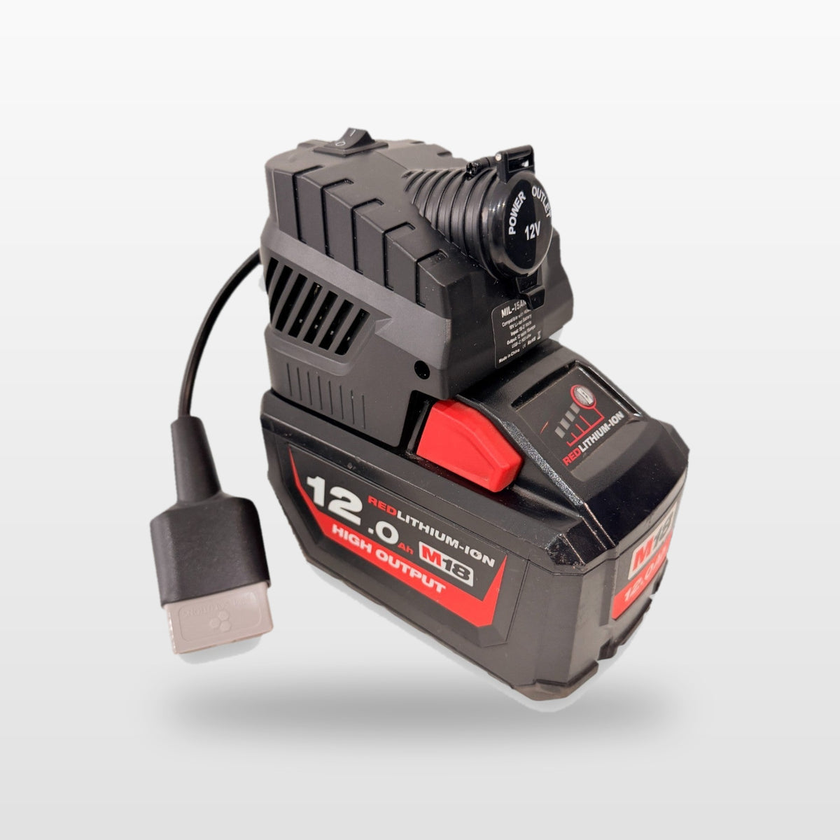 Milwaukee-compatible Volt Step Down PRO: fitted to an 18V tool battery, with Anderson plug lead