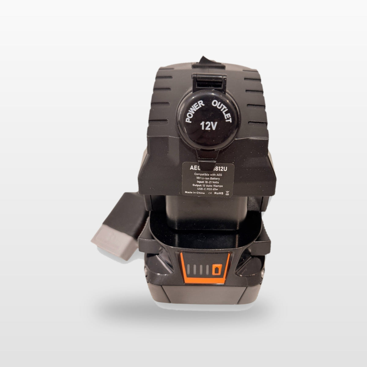 AEG-compatible Volt Step Down PRO: front view showing the capped 12V socket