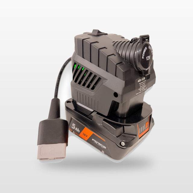 AEG-compatible Volt Step Down PRO: fitted to an 18V tool battery, with Anderson plug lead