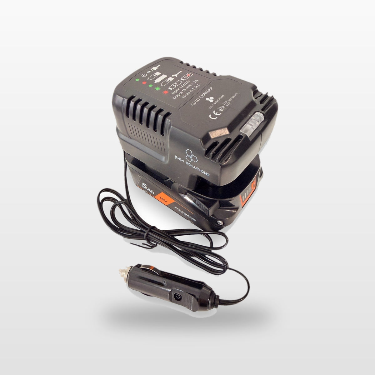 AEG-compatible Auto Charger: in-car battery charger with an 18V battery and 12V plug lead