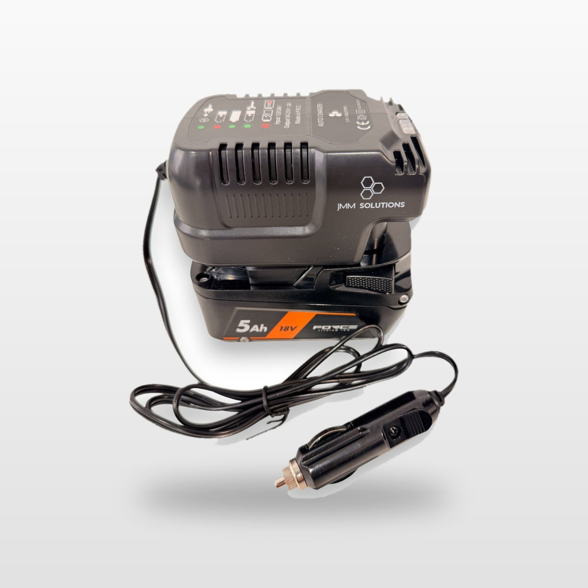 AEG-compatible Auto Charger: angled view of the charger with battery and 12V lead