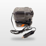 AEG-compatible Auto Charger: angled view of the charger with battery and 12V lead
