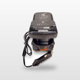 AEG-compatible Auto Charger: front view with battery fitted and 12V plug lead