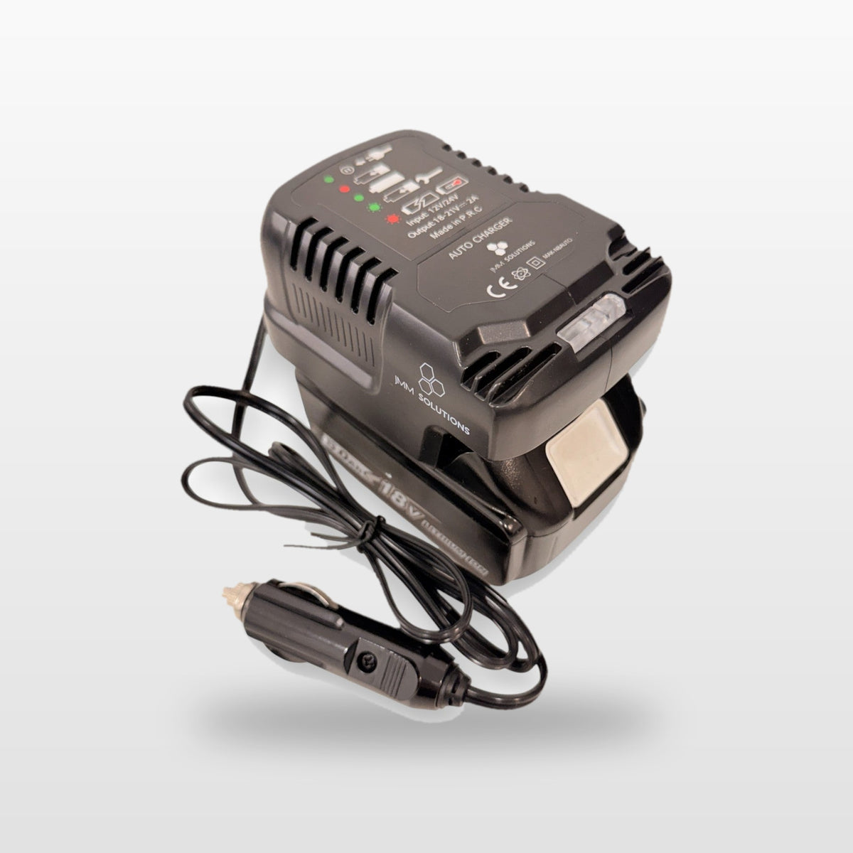 Makita-compatible Auto Charger: in-car battery charger with an 18V battery and 12V plug lead