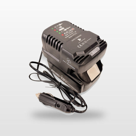 Makita-compatible Auto Charger: in-car battery charger with an 18V battery and 12V plug lead