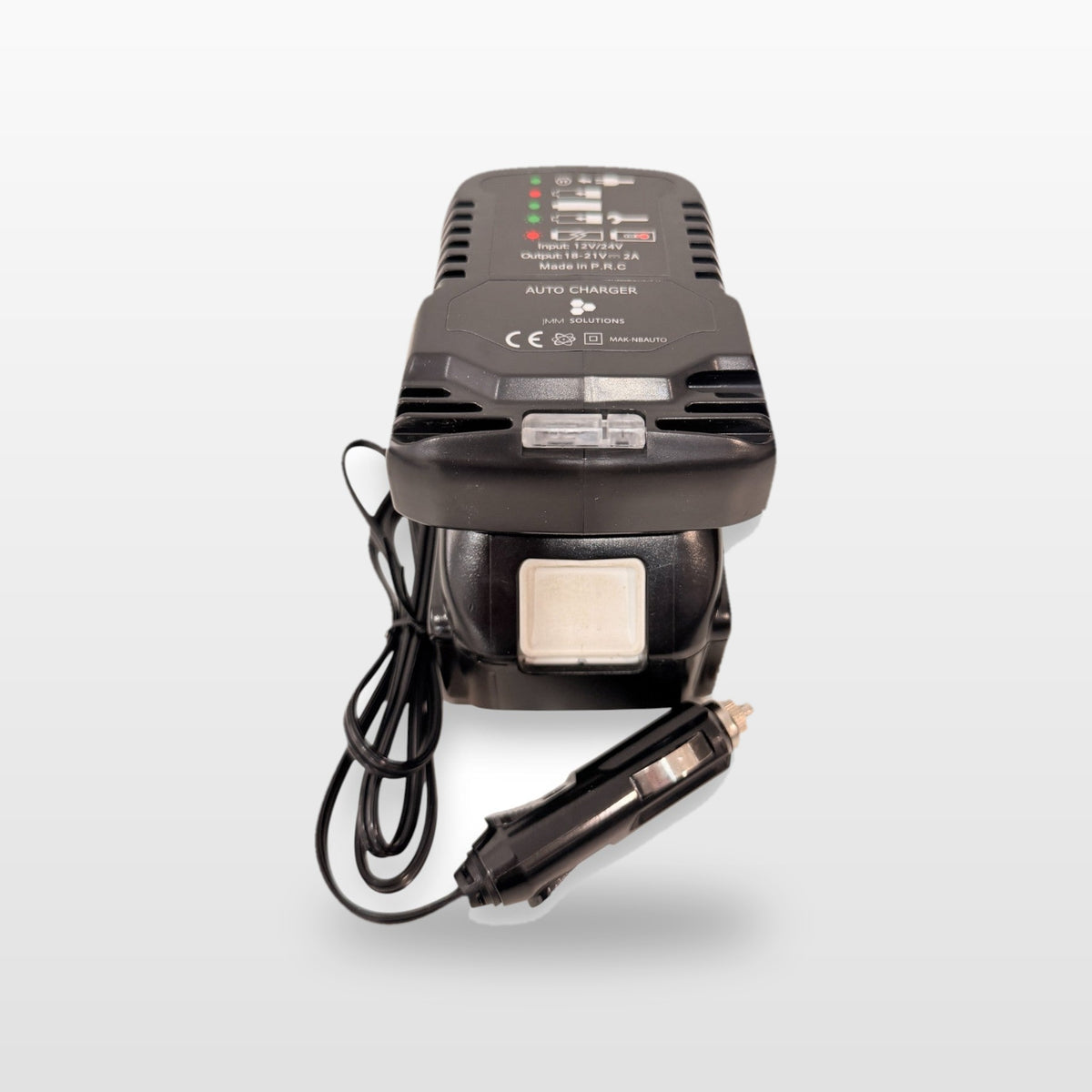 Makita-compatible Auto Charger: front view with battery fitted and 12V plug lead