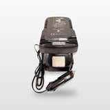 Makita-compatible Auto Charger: front view with battery fitted and 12V plug lead