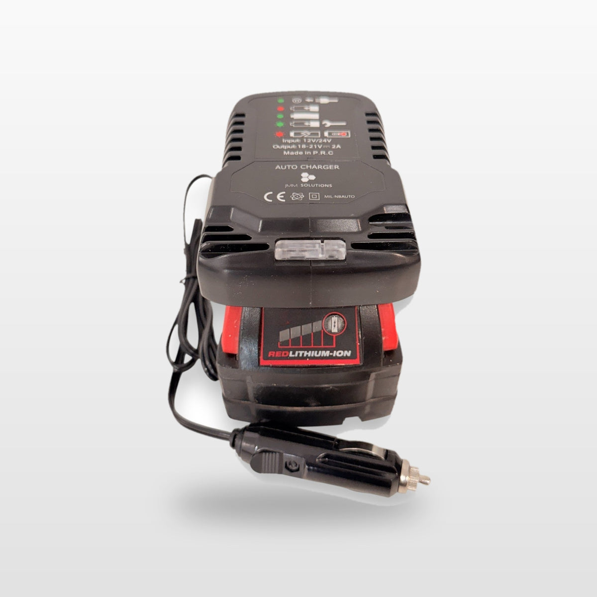 Milwaukee-compatible Auto Charger: front view with battery fitted and 12V plug lead