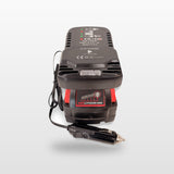 Milwaukee-compatible Auto Charger: front view with battery fitted and 12V plug lead
