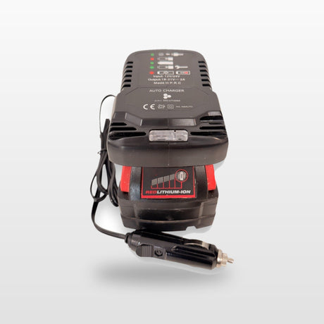 Milwaukee-compatible Auto Charger: front view with battery fitted and 12V plug lead
