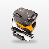 DeWalt-compatible Auto Charger: in-car battery charger with an 18V battery and 12V plug lead