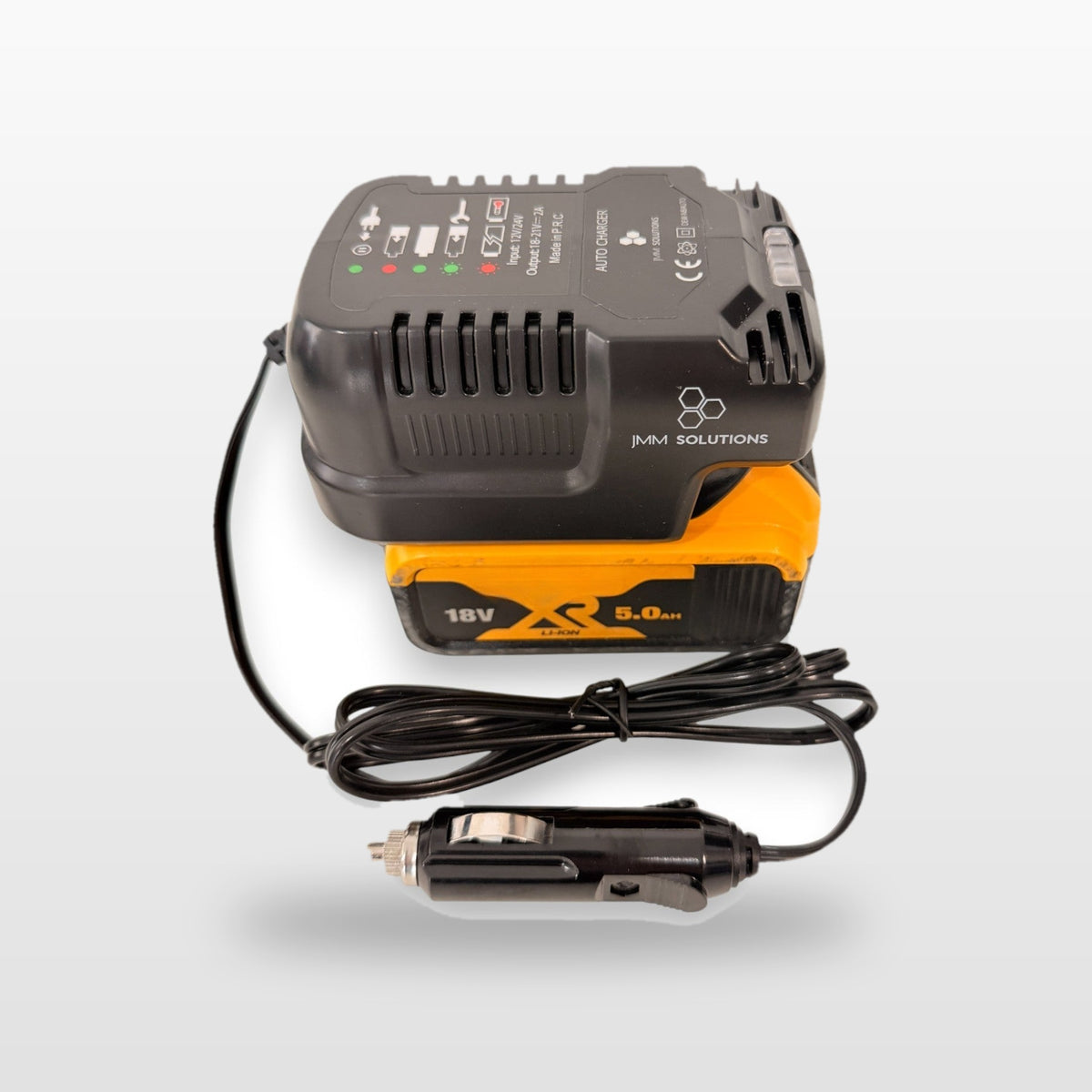 DeWalt-compatible Auto Charger: angled view of the charger with battery and 12V lead