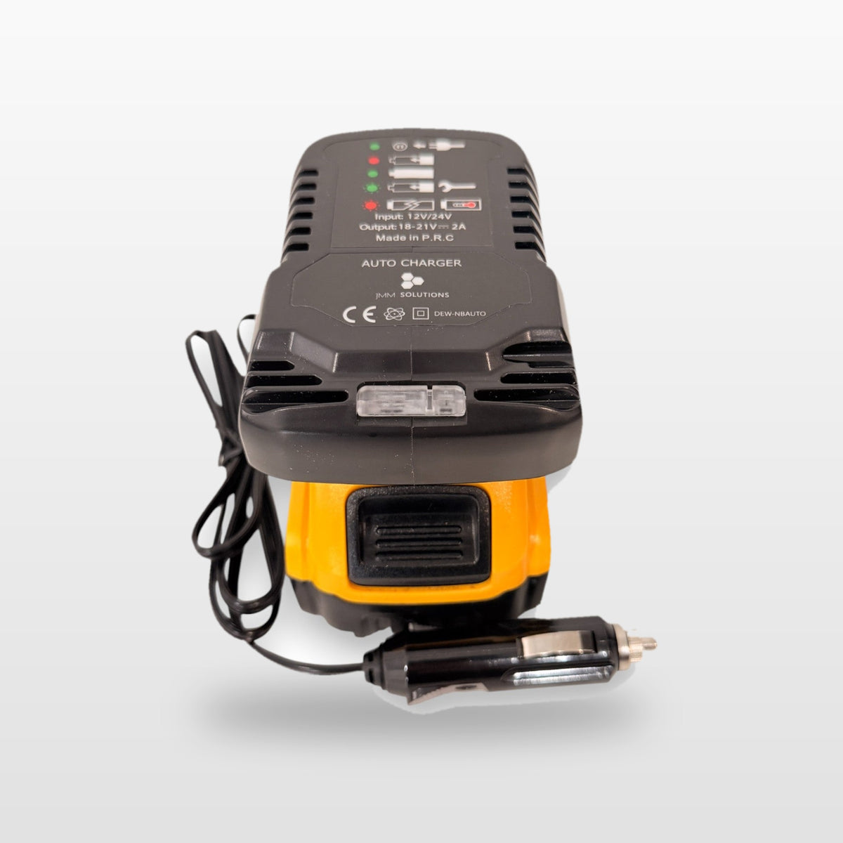 DeWalt-compatible Auto Charger: front view with battery fitted and 12V plug lead