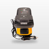 DeWalt-compatible Auto Charger: front view with battery fitted and 12V plug lead