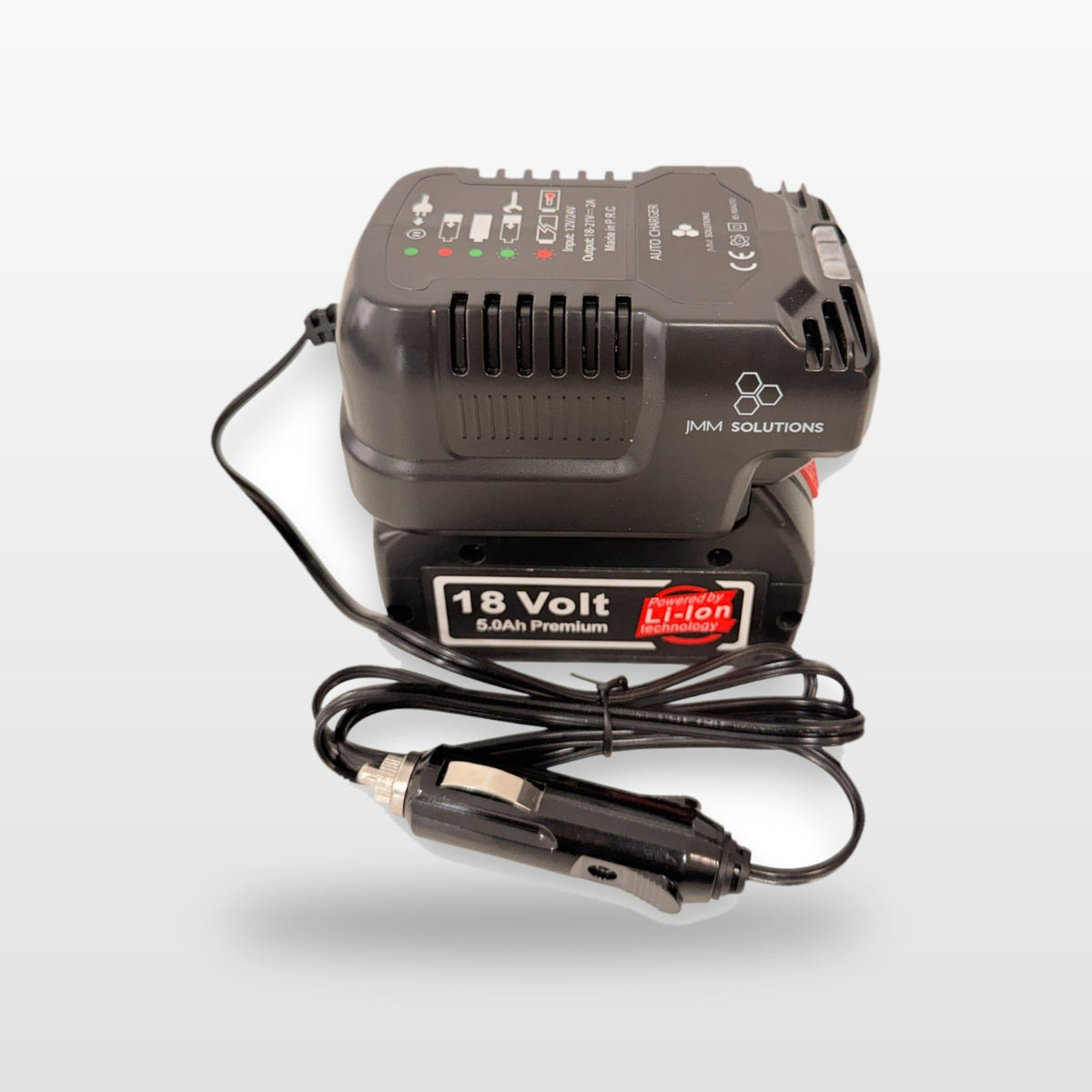 Bosch-compatible Auto Charger: angled view of the charger with battery and 12V lead