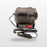 Bosch-compatible Auto Charger: angled view of the charger with battery and 12V lead