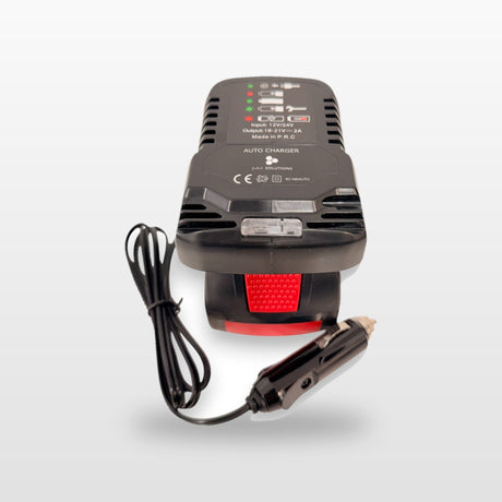 Bosch-compatible Auto Charger: front view with battery fitted and 12V plug lead