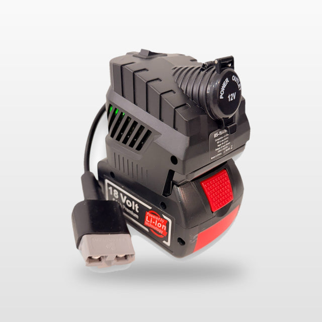 Bosch-compatible Volt Step Down PRO: fitted to an 18V tool battery, with Anderson plug lead