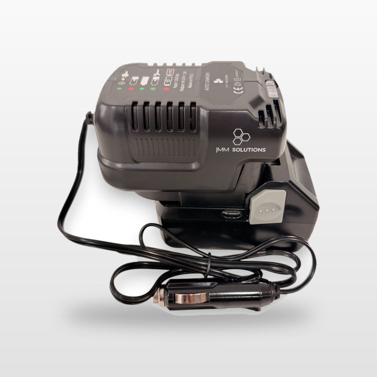 HiKOKI-compatible Auto Charger: angled view of the charger with battery and 12V lead