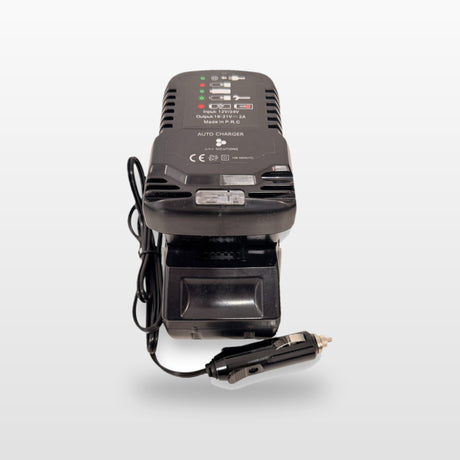 HiKOKI-compatible Auto Charger: front view with battery fitted and 12V plug lead