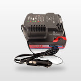 Ozito/Einhell-compatible Auto Charger: angled view of the charger with battery and 12V lead