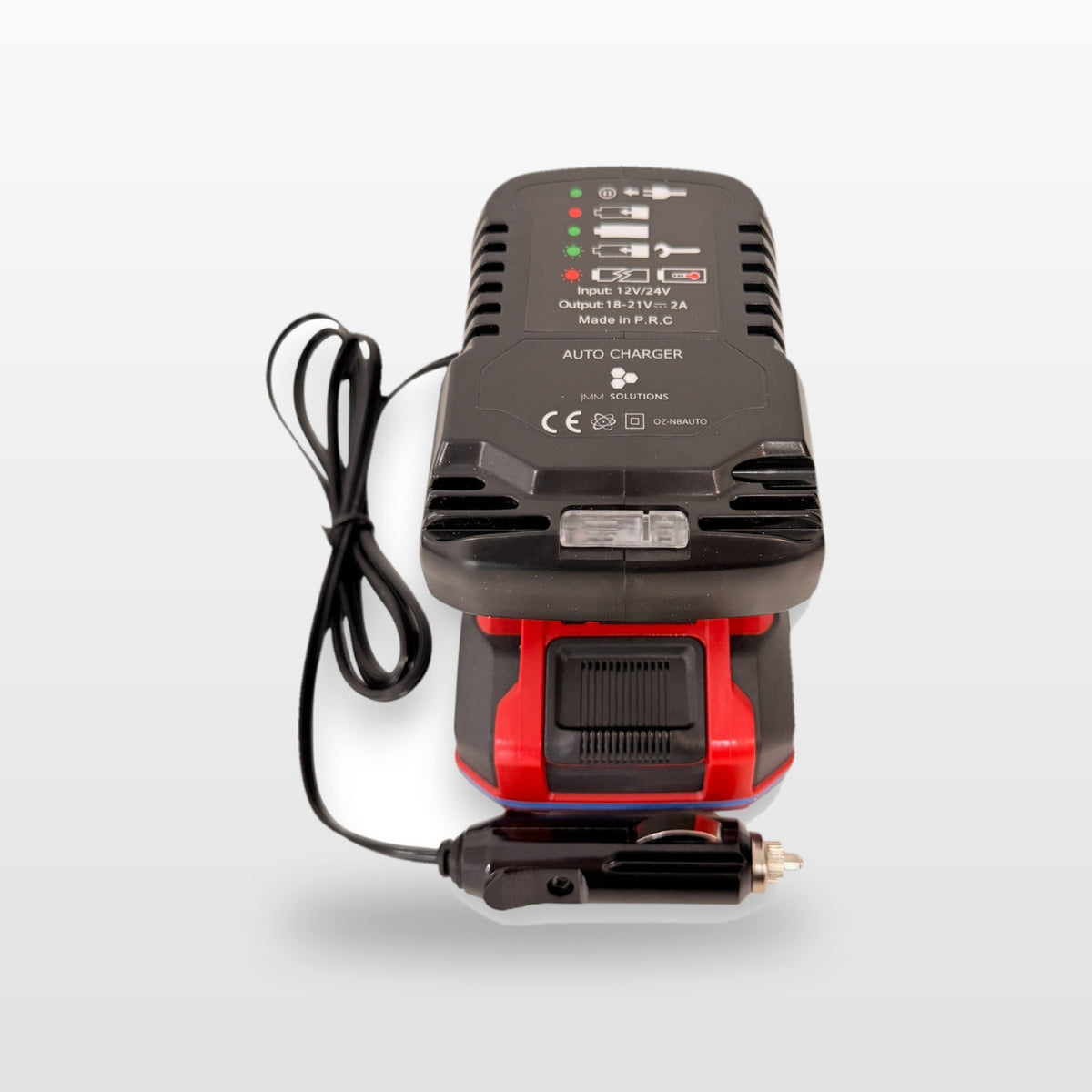 Ozito/Einhell-compatible Auto Charger: front view with battery fitted and 12V plug lead