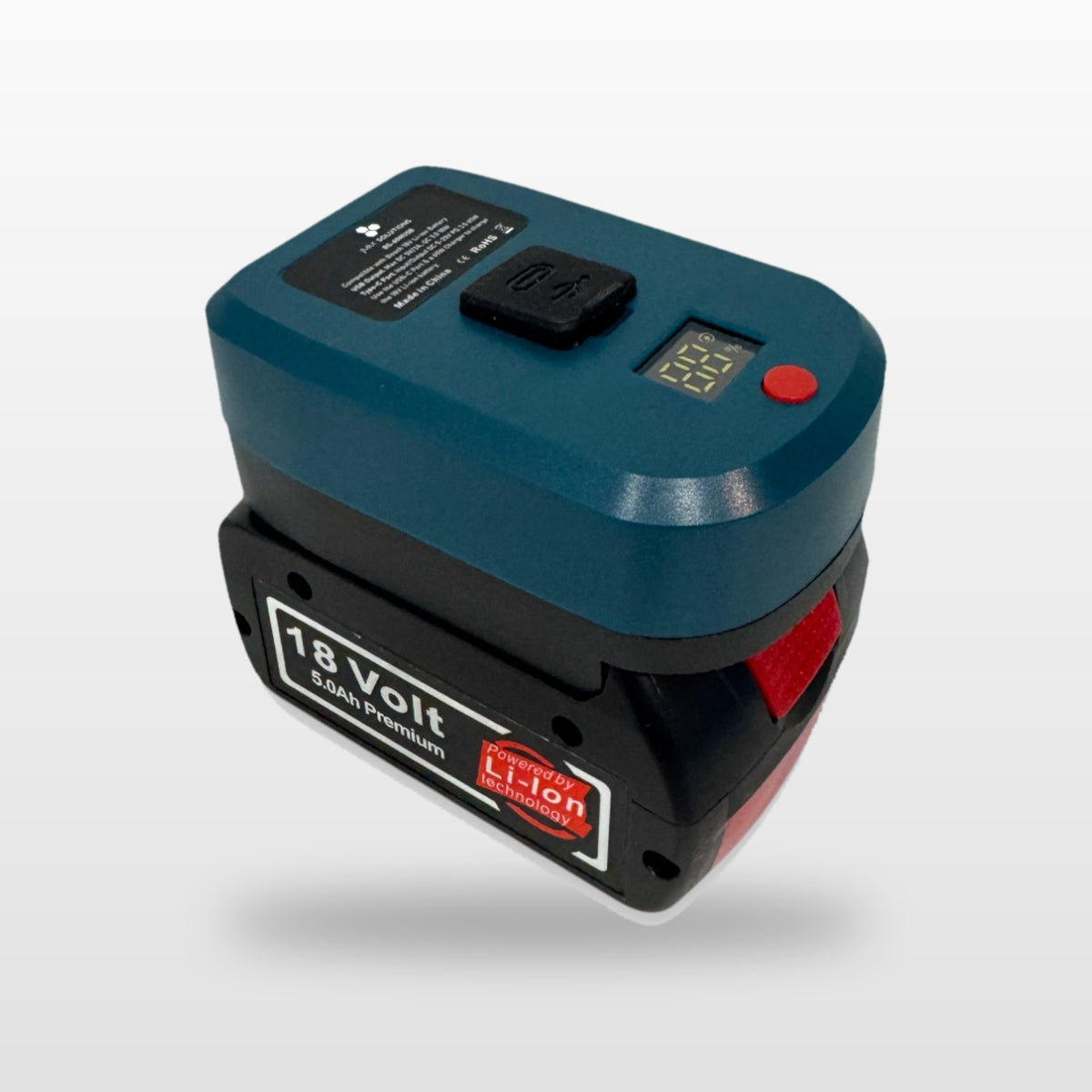 Bosch-compatible USB-C 65W PD Charger: adaptor on an 18V battery, angled view