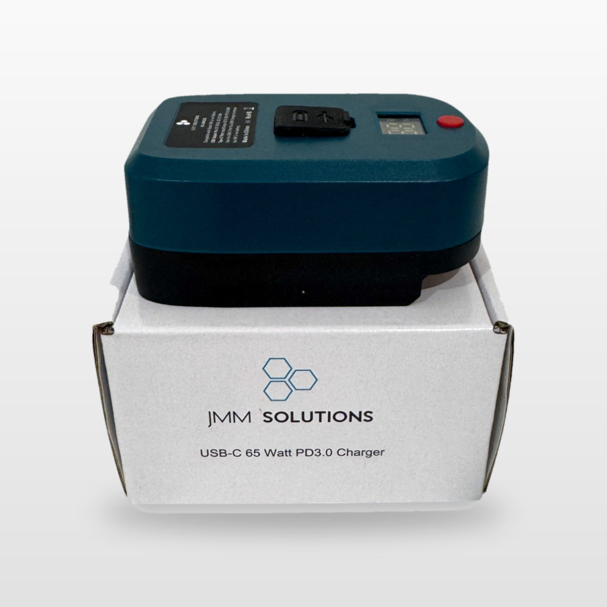 Bosch-compatible USB-C 65W PD Charger: adaptor standing on its box