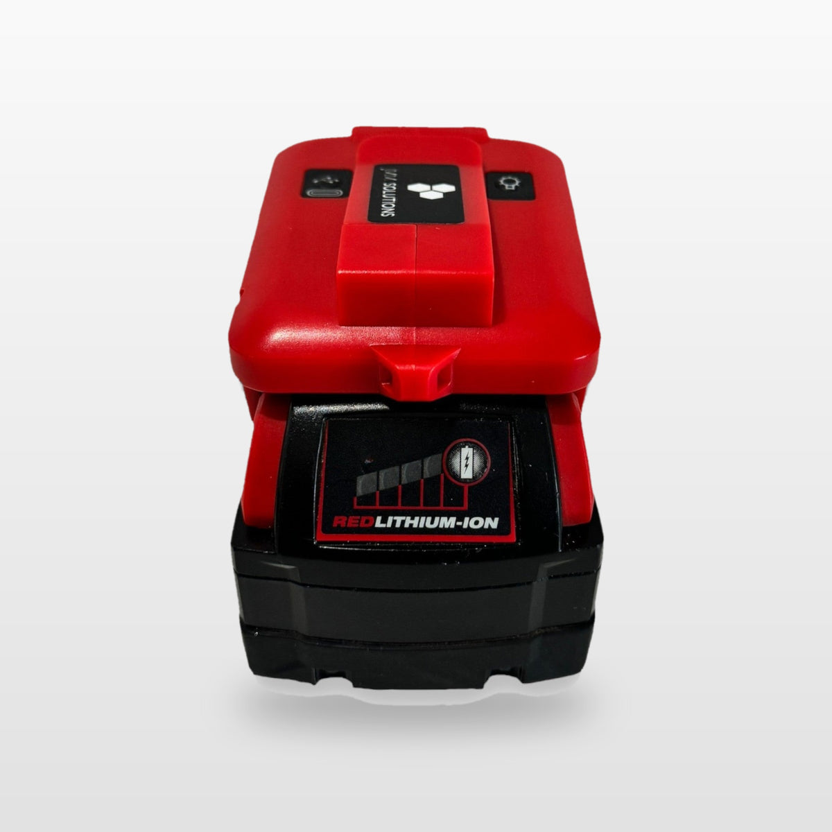 Milwaukee-compatible USB & 12V Charger with LED Light: rear view on the battery
