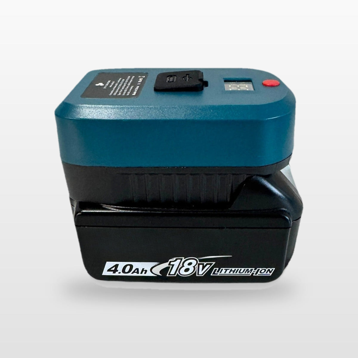 Makita-compatible USB-C 65W PD Charger: adaptor on an 18V battery, angled view