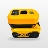 DeWalt-compatible USB-C 65W PD Charger: adaptor on an 18V battery, angled view