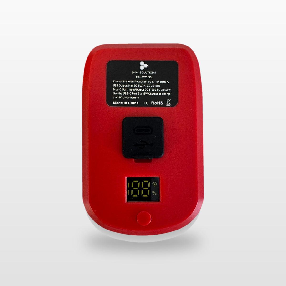 Milwaukee-compatible USB-C 65W PD Charger: top of the adaptor with USB-C port and digital display