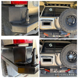 A four-panel collage showing a black metal hitch receiver cover and tow ball shield installed on the rear bumper of a silver SUV. The top-right panel shows the full back of the vehicle with a spare tire and roof rack, while the bottom-right panel shows the rear bumper with the installed black hardware.