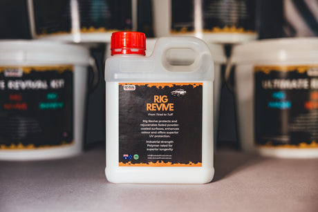 RIG REVIVE product bottle with a red cap on a surface, with other similar products in the background.