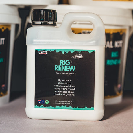 Container of Rig Renew with a label on a surface, surrounded by similar containers.