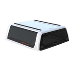 Xpedition canopy with a white frame and black doors, doors closed